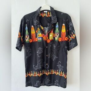 Palmwave Men's Black button up Hawaiian Shirt Maui Hula Beer Bottle Print Medium